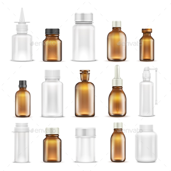 Medicine Glass and Plastic Blank Bottles Isolated - Man-made Objects Objects