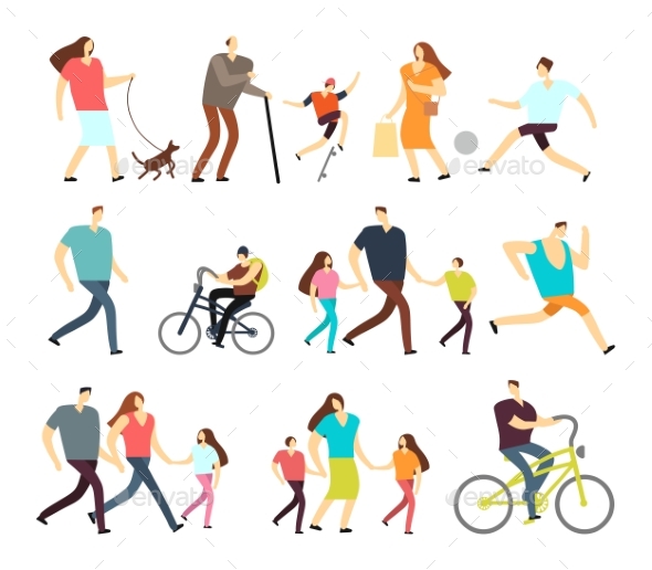 Men and Women Walking Outdoor. Vector Cartoon - People Characters