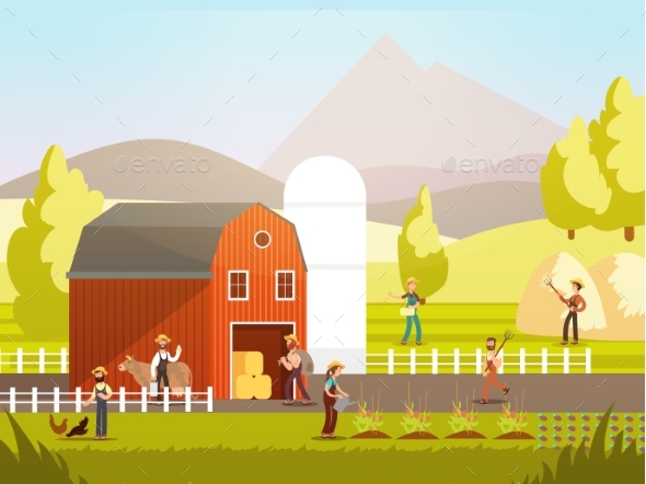 Cartoon Farm with Farmers - Miscellaneous Vectors