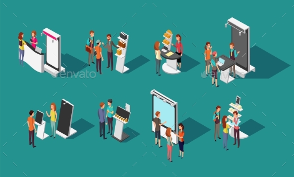 People Standing at Expo Promotional Stands Vector - People Characters