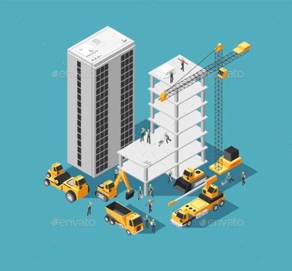 Building Construction Vector 3d Isometric Concept - Buildings Objects