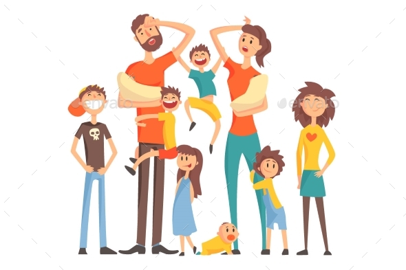 Happy Caucasian Family With Many Children Portrait - People Characters