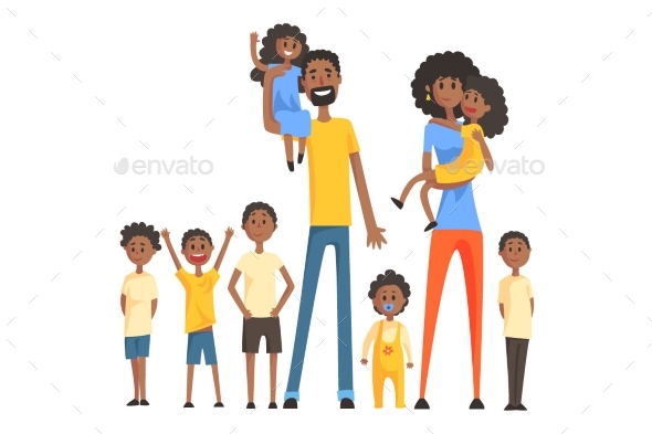 Happy Black Family With Many Children Portrait All - People Characters