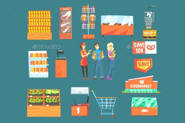 People Shopping for Groceries in Supermarket - Food Objects