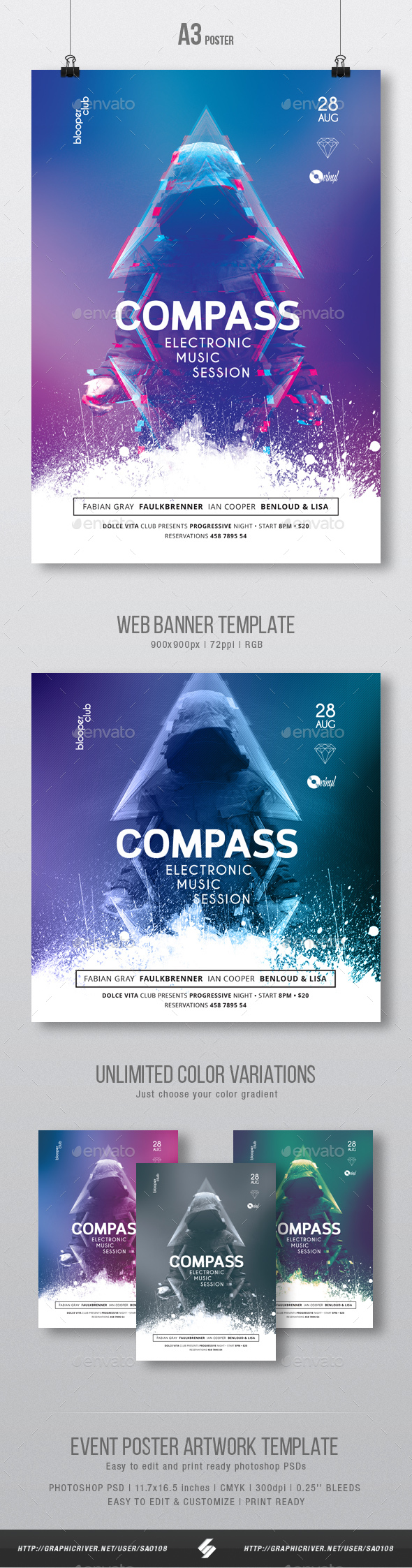 Compass - Progressive Party Flyer / Poster Template A3 - Clubs & Parties Events