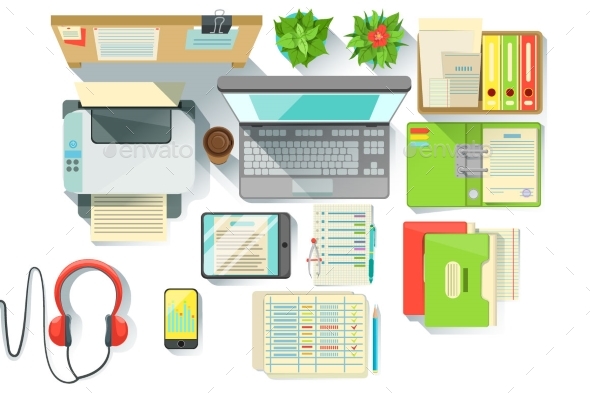 Office Worker Desk With Utilities And Stationary - Computers Technology