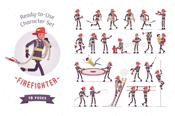 Male Firefighter Ready-to-use Character Set - People Characters