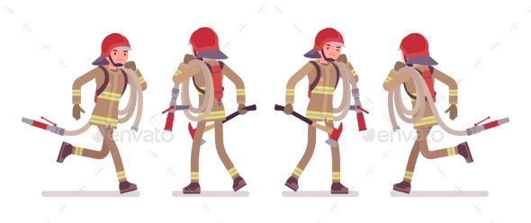Young Male Firefighter Running with Hose - People Characters