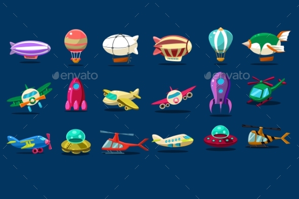 Cartoon Set of Different Types of Aircrafts. Alien - Man-made Objects Objects
