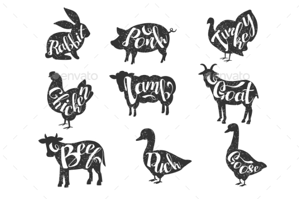 Vintage Vector Labels with Silhouettes of Farm - Animals Characters
