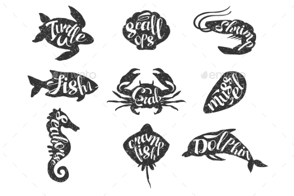 Vintage Set of Hand Drawn Sea Animals - Animals Characters