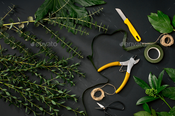 Tools and accessories florists need for making up a bouquet Stock Photo by master1305