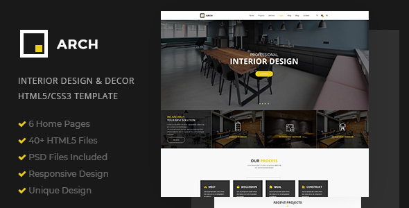Arch Decor is a clean and creative HTML5/C33 template suitable for Interior Design, Home Decor, Decoration, Art Decor, Furniture, Architecture and Building Business, etc . You can customize it very easy to fit your needs.