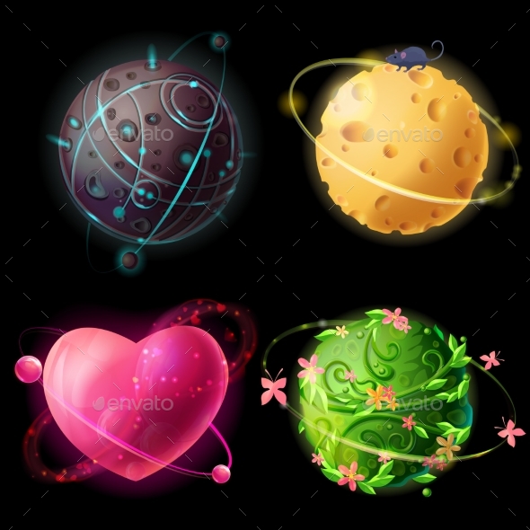 Vector Cartoon Worlds Set. Alien, Cheese, Plants - Objects Vectors