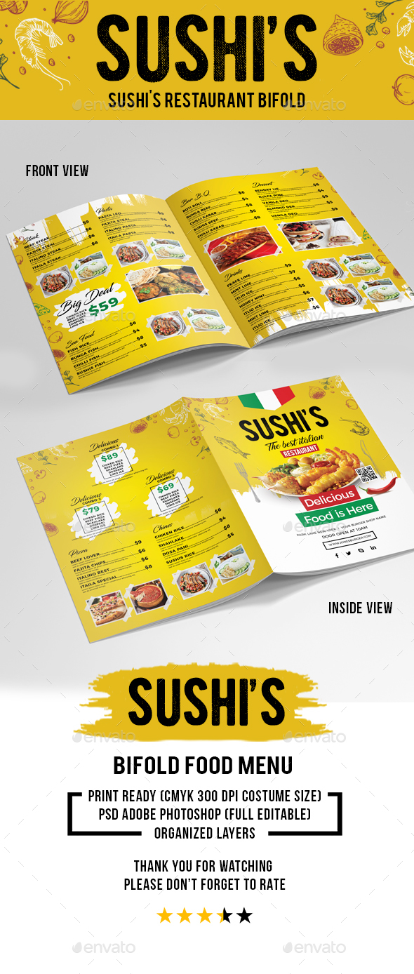 Sushi's Italian Restaurant Bifold (Volume-3) - Food Menus Print Templates