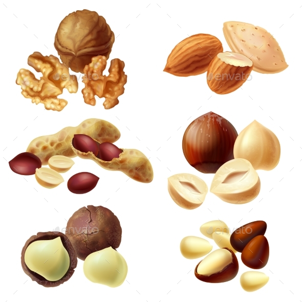 Vector 3d Realistic Set of Various Nuts - Food Objects