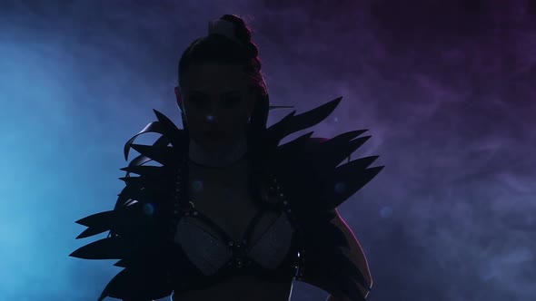 Sexy Dancer in Erotic Costume Posing on Camera. Smoky Background alt