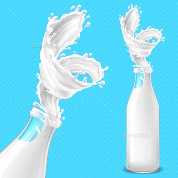 Realistic Vector Glass Bottle with Milk and Splash - Food Objects
