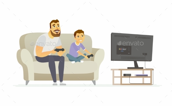 Father and Son Playing Video Games - People Characters