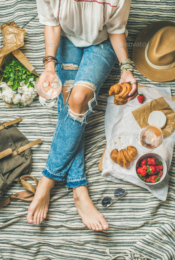 French style romantic outdoor picnic setting, top view - Stock Photo - Images