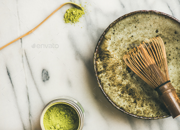 Japanese tools and bowls for brewing matcha tea, horizontal composition - Stock Photo - Images