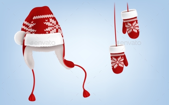 Vector Knitted Santa Hat and Mittens with Pattern - Christmas Seasons/Holidays