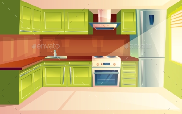 Vector Cartoon Modern Kitchen Interior Background - Man-made Objects Objects