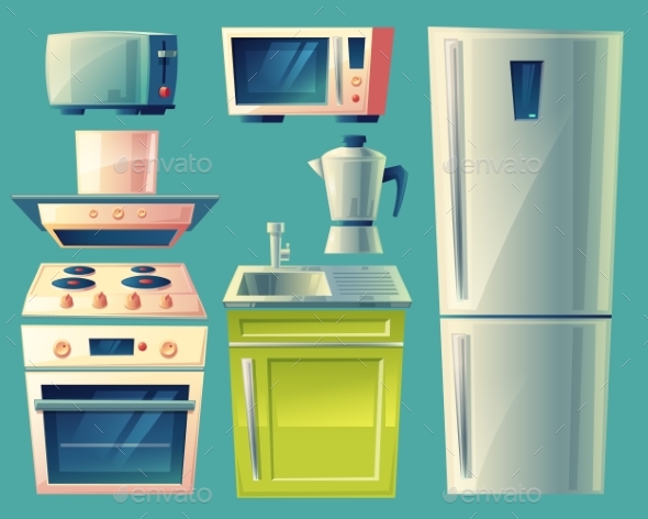 Vector Cartoon Modern Kitchen Interior Objects Set - Man-made Objects Objects