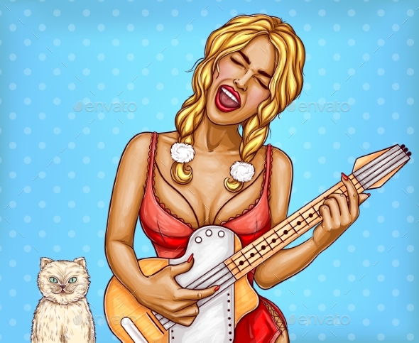 Pop Art Girl Singing and Playing Guitar - People Characters