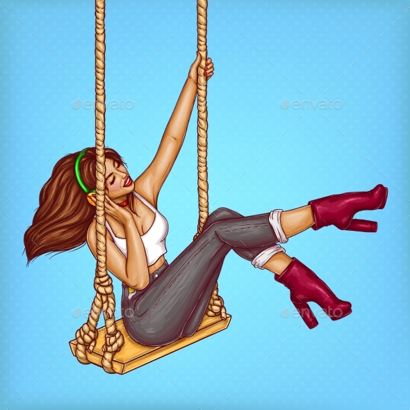 Vector Pop Art Girl on Swing with Headphones - People Characters