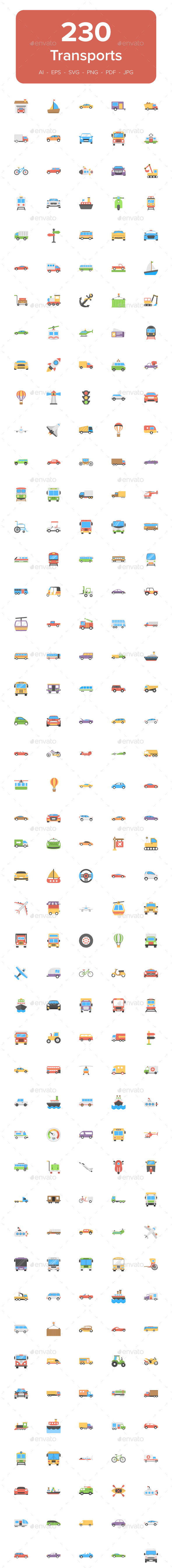 230 Transport Flat Vector Icons Set - Icons