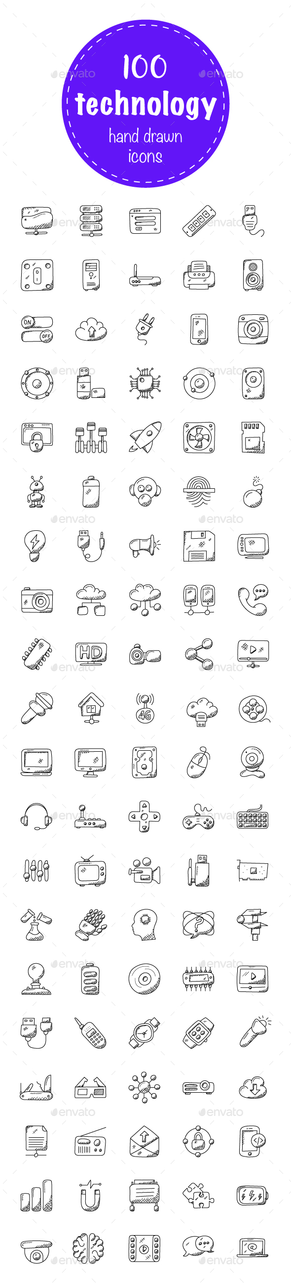 100 Technology Doodle Icons - Icons