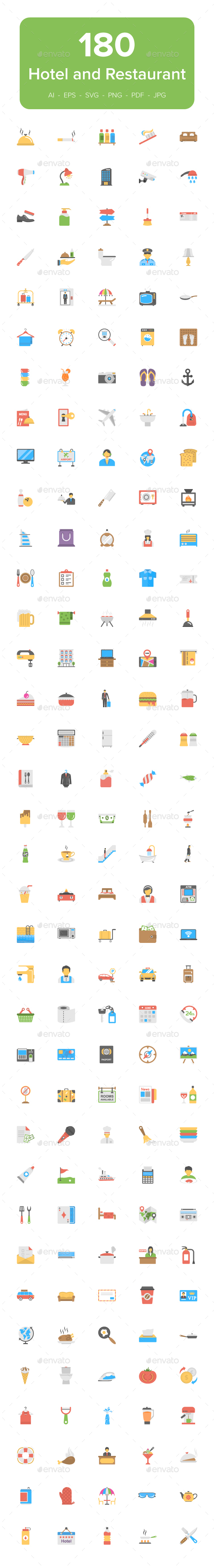 180 Hotel and Restaurant Flat Icons - Icons