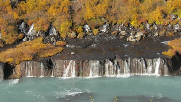 Hraunfossar Waterfalls Are in Western Iceland in Sunny Autumn Weather