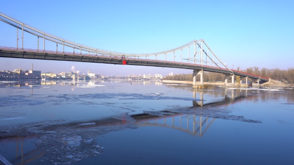Ice Flowing on River Dnepr, in Kiev. Sunny Winter Day,