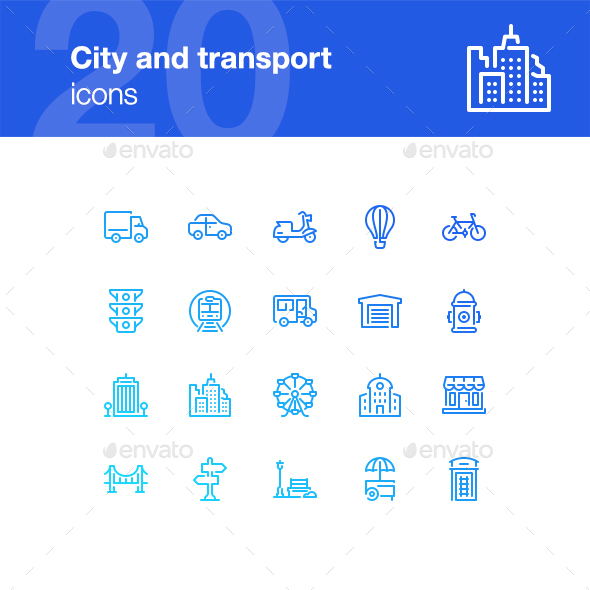 20 City life and transport icons - Buildings Objects