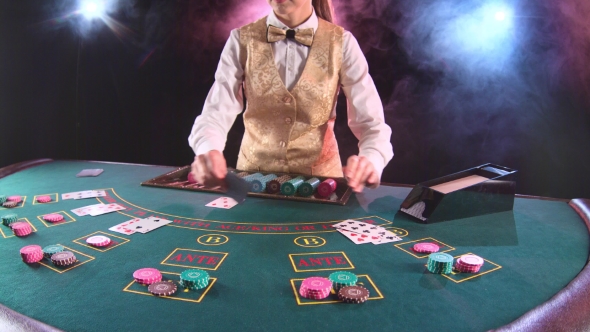 Casino Stickman Woman in Gold Vest Takes the Cards From Card Holder at the Game Table. Black alt