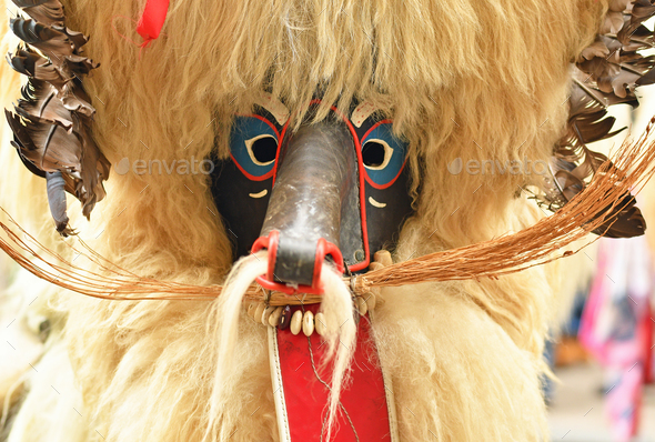 Close-up of traditional carnival mask, called Kurent, Slovenia - Stock Photo - Images