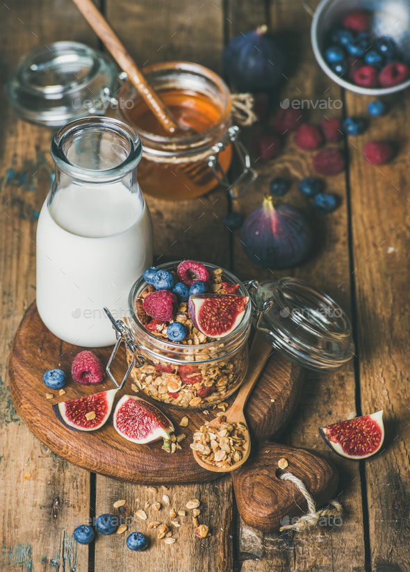 Healthy vegetarian breakfast with Oatmeal granola and almond milk - Stock Photo - Images
