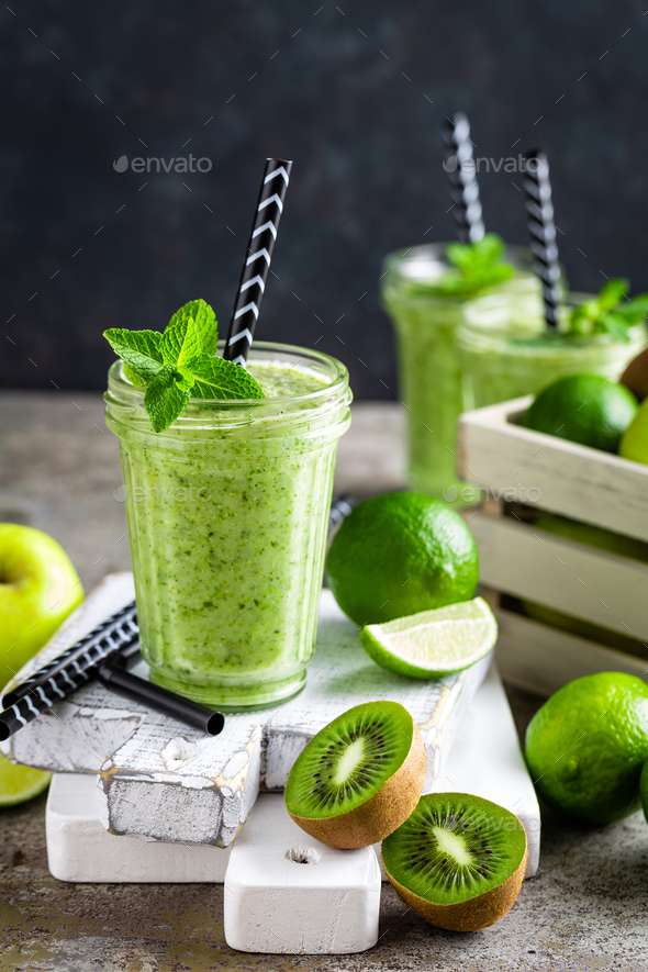 Smoothie with fresh green apple, kiwi and lime Stock Photo by sea_wave