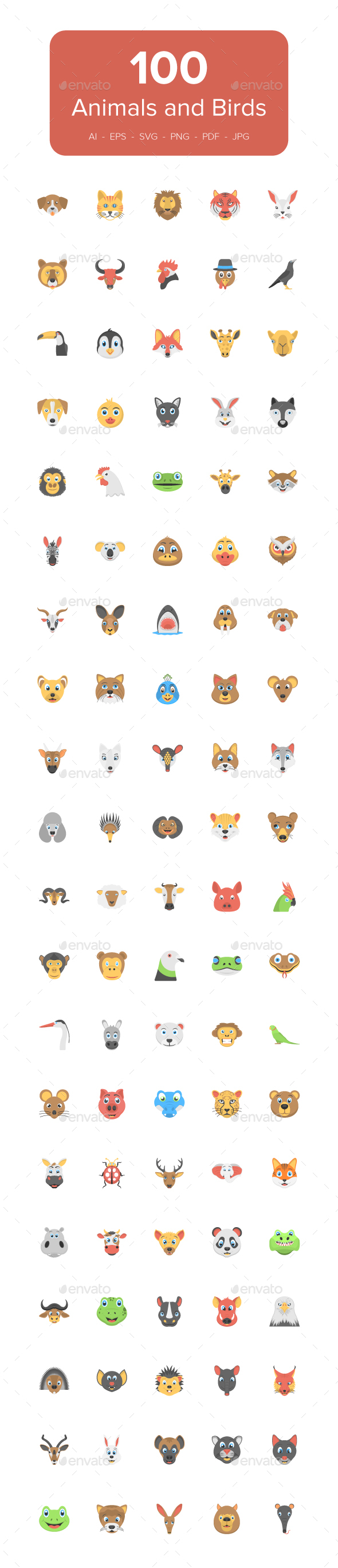 100 Flat Animals and Birds Icons - Icons