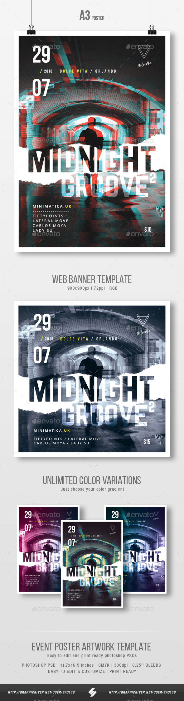 Midnight Groove 2 - Underground Party Flyer / Poster Template A3 - Clubs & Parties Events