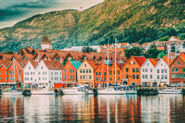 Bergen, Norway. View Of Historical Buildings Houses In Bryggen - - Stock Photo - Images