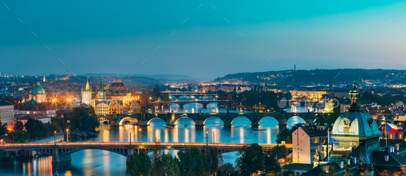 Prague, Czech Republic. Evening Panoramic View Of Evening Citysc - Stock Photo - Images