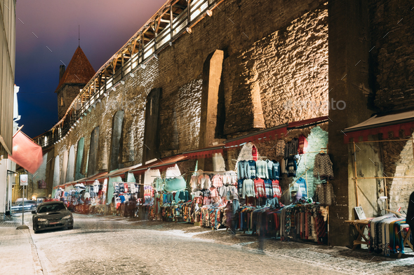 Tallinn, Estonia. Counters On Muurivahe Street Near Fortress Wal - Stock Photo - Images
