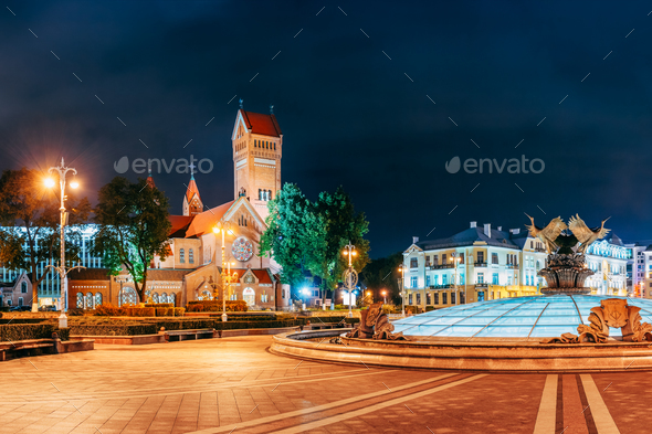 Minsk, Belarus. Night View Church Of Saints Simon And Helen Or R - Stock Photo - Images