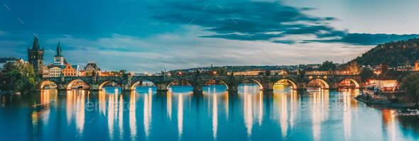 Prague, Czech Republic. Evening Panoramic View Of Evening Citysc - Stock Photo - Images