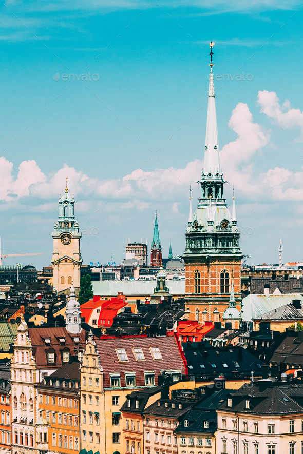 Stockholm, Sweden. Historical Center With Tall Steeple Of The Ge - Stock Photo - Images