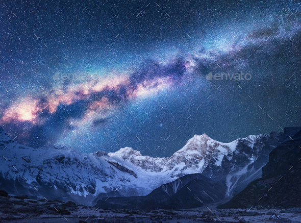 Space. Night landscapw with Milky Way and mountains - Stock Photo - Images