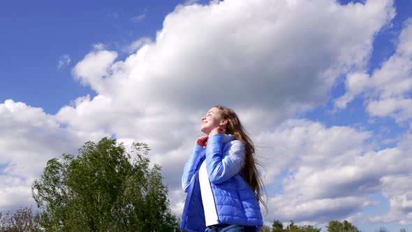 Happy Teen Girl in Autumn Jacket Enjoy the Sun on Sky Background Motivation alt